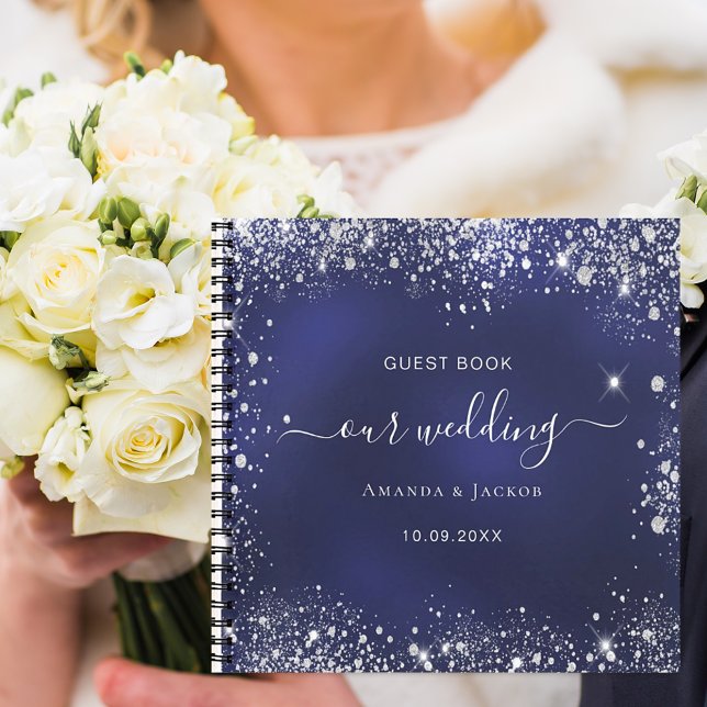 Boda de libros de invitados purpurina de plata azu (Subido por el creador)