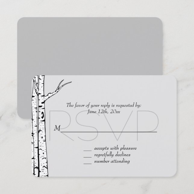 Boda de los Árboles de Birch Gris Blanco RSVP (Anverso / Reverso)