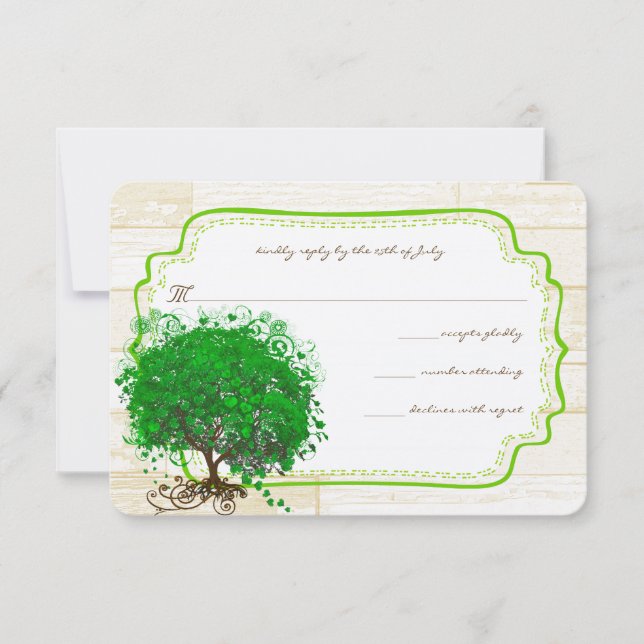 Boda de Madera de Árbol de Hojas de Esmeralda RSVP (Anverso)