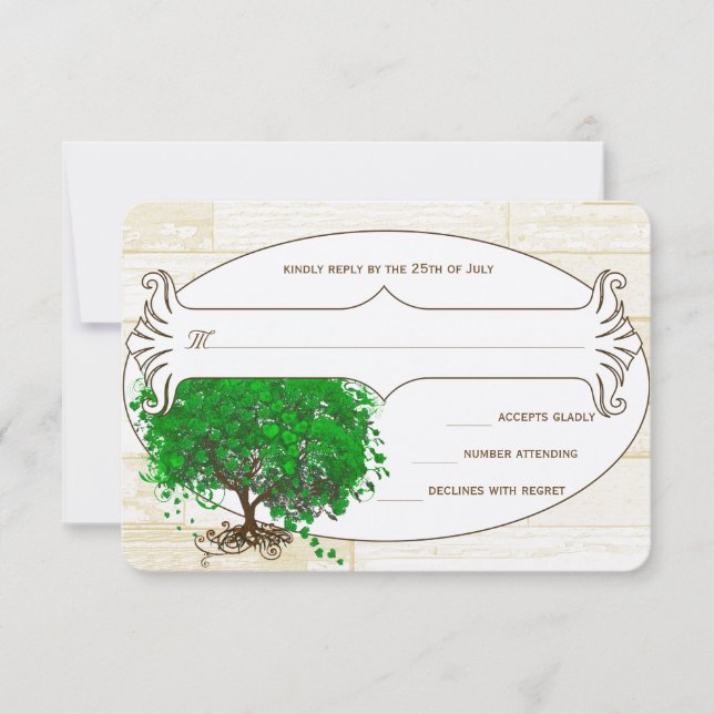 Boda de Madera de Árbol de Hojas de Esmeralda RSVP (Anverso)