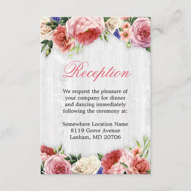 Boda de Madera Floral Rosa Vintage Recepción (Anverso)