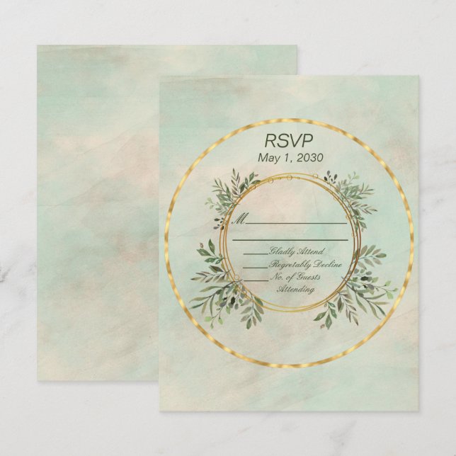 Boda de marco de círculo verde y dorado RSVP (Anverso / Reverso)