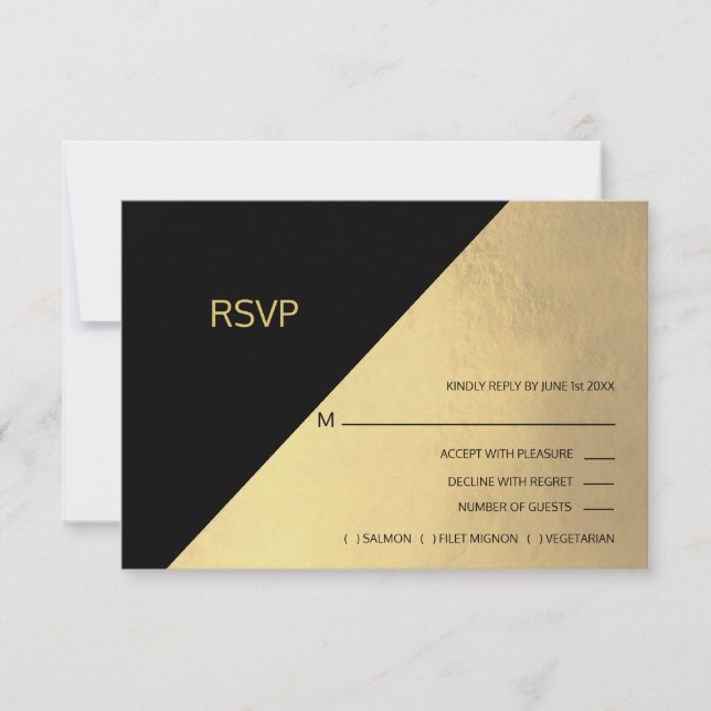 Boda de menú RSVP de Relieve metalizado dorado y n (Anverso)