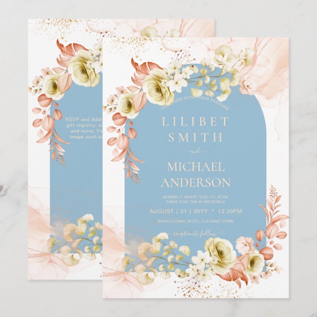 Boda de mezcla de flores de coral azul turbio (Anverso / Reverso)