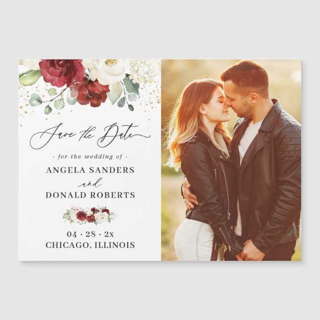 Boda de Moda floral blanca roja salva el imán de f (Anverso)