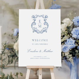 Boda de Monograma Crest Barroco Vintage Azul