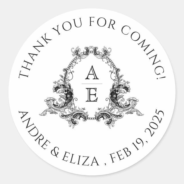 Boda de Monograma Negro y Blanco Gracias Pegatina (Anverso)