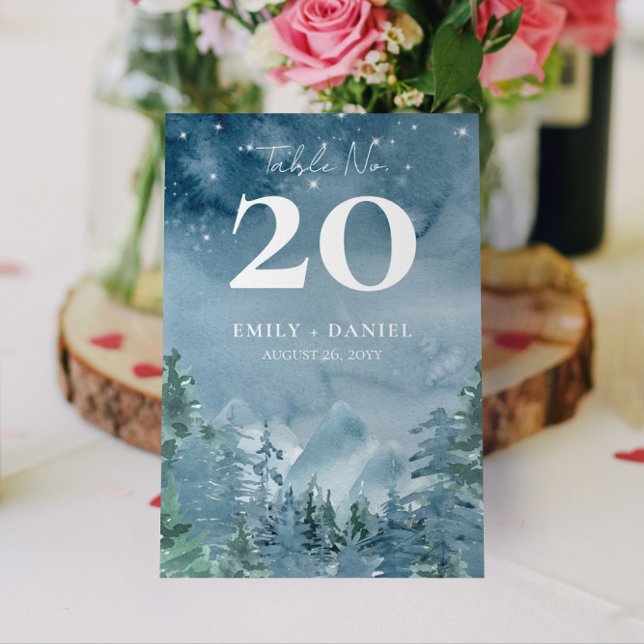Boda de Montaña en Acuarela al Atardecer Número de (Dark Dusk Blue Rustic Mountain Wedding / Event Table Number )