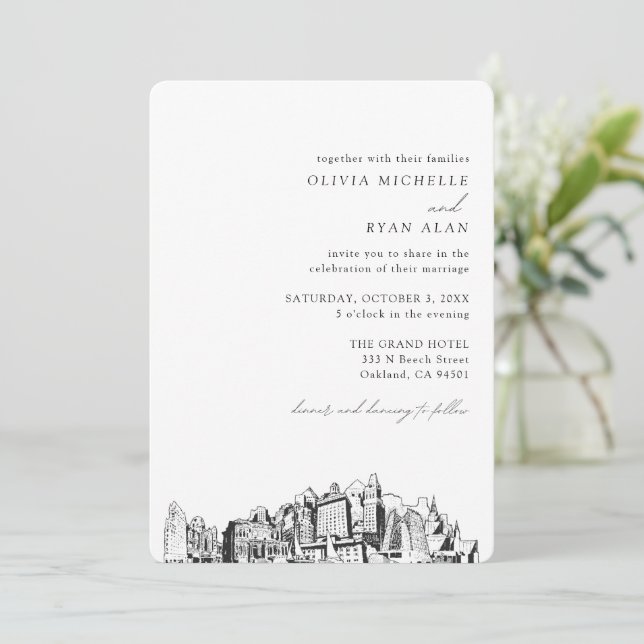 Boda de Oakland Elegant Skyline Invitación (Anverso de pie)