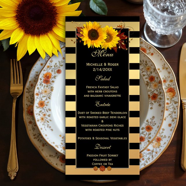 Boda de oro de girasol o tarjeta de menú de Acción (Menu card featuring festive sunflowers with autumn leaves and rose gold floral swirls on chic gold)