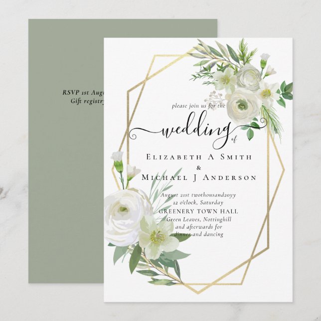 Boda de oro de la verde rosa blanca clásica (Anverso / Reverso)