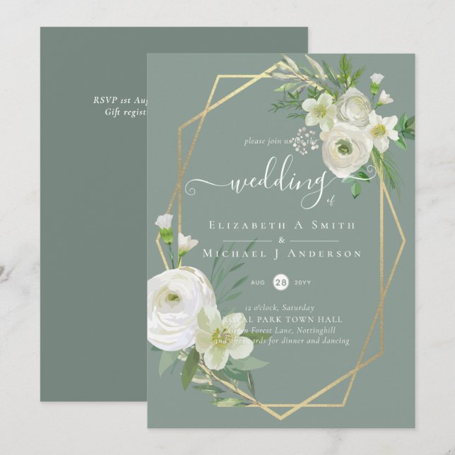 Boda de oro de la verde rosa blanca clásica (Anverso / Reverso)