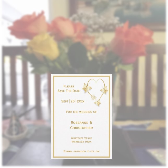 Boda De Oro Guardar Las Mariposas De Invitación De (Gold wedding save the date invitation butterflies heart design)