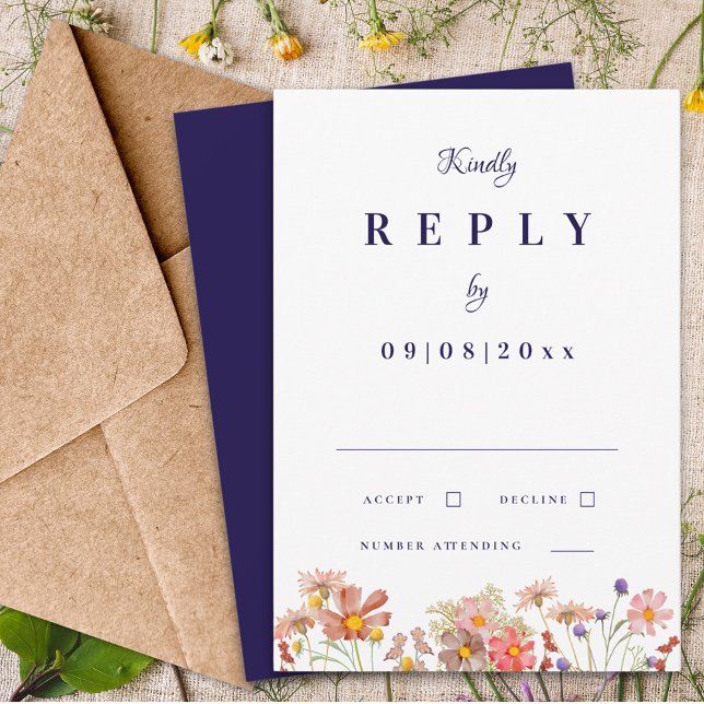 Boda de otoño con respuesta de naranja quemada de  (Elegant Wildflower navy blue terracotta burnt orange fall wedding invitation reply enclosure card)