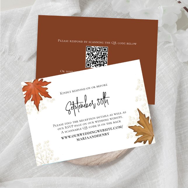 Boda de otoño deja elegante código QR RSVP (Elegant Fall Leaves Watercolor enclosure card.)