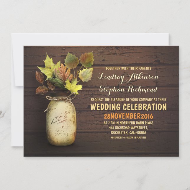 Boda de otoño e invitaciones rústicas al frasco de (Anverso)