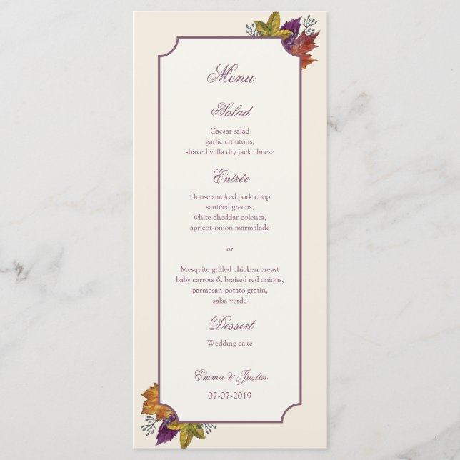 Boda de otoño rústica deja tarjeta roja (Anverso)