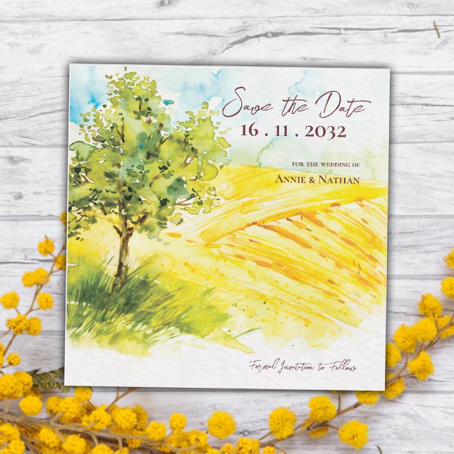 Boda de paisajes de granjas amarillas salva la fec (Yellow Farmland Landscape Wedding Save the Date)