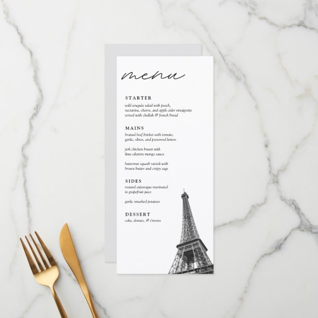Boda de París Menú de cena elegante y moderno (Anverso/Reverso In Situ)