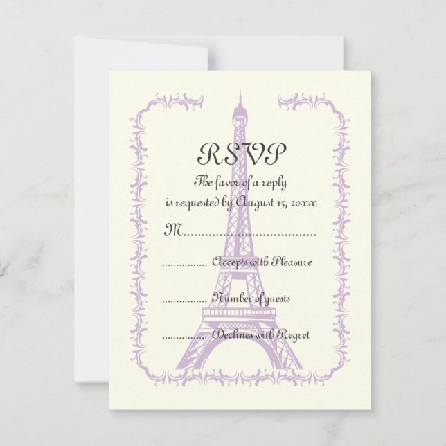 Boda de París Torre Eiffel púrpura en marfil RSVP (Anverso)
