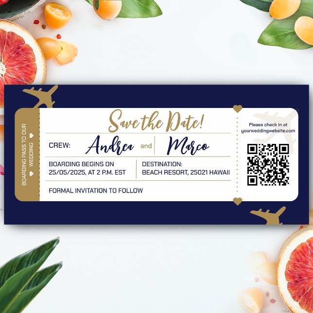 Boda de pases de caligrafía Guardar la fecha (Boarding Pass Wedding Save The Date)