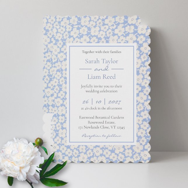 Boda de patrón floral azul RSVP e invitación (Subido por el creador)