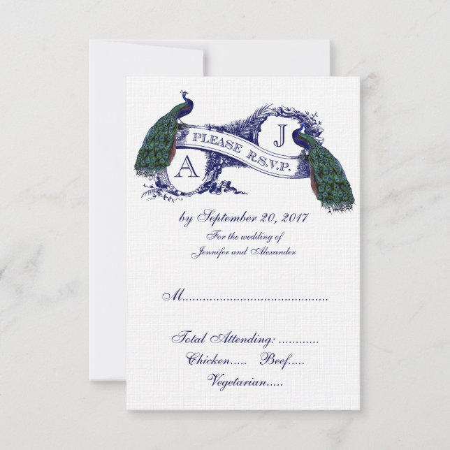 Boda de pavo real azul de la marina RSVP (Anverso)