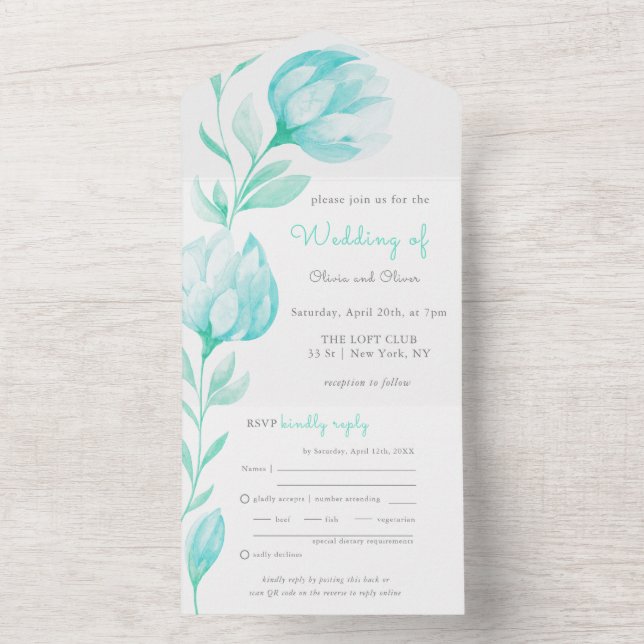 Boda De Peonies verde azulados En Una Invitación (Interior)