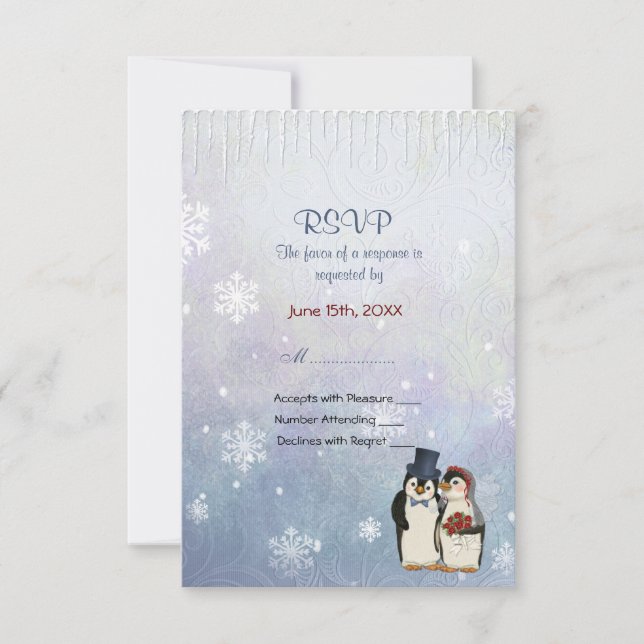 Boda de pingüino con copos de nieve - RSVP (Anverso)