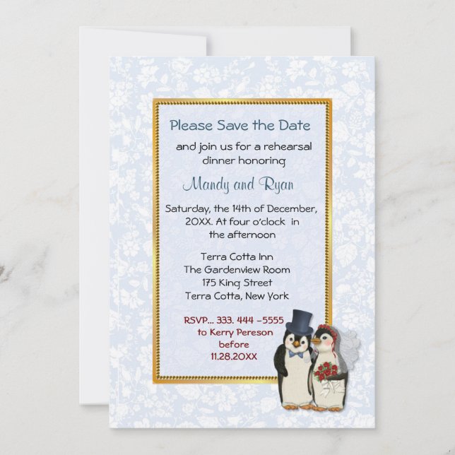 Boda de pingüino - Invitación a la cena de ensayo (Anverso)