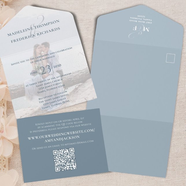 Boda de plantilla fotográfica simple azul código Q (Blue wedding all in one style invitation.)