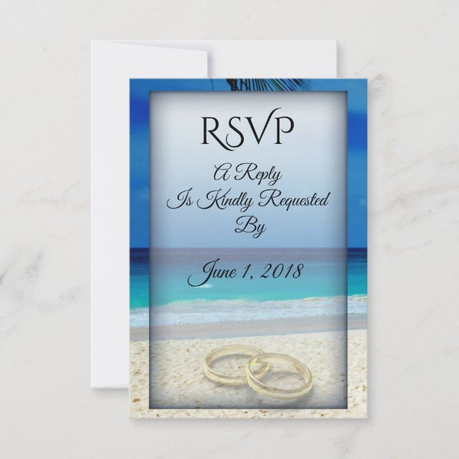 Boda de playa con tarjeta RSVP de anillos (Anverso)
