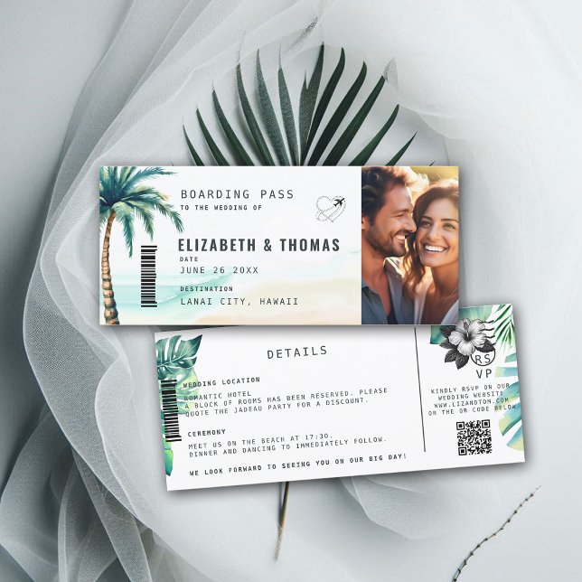 Boda de playa de tarjetas de embarque de destino t (destination wedding invitation tropical hawaii boarding pass botanical palm tree watercolor)