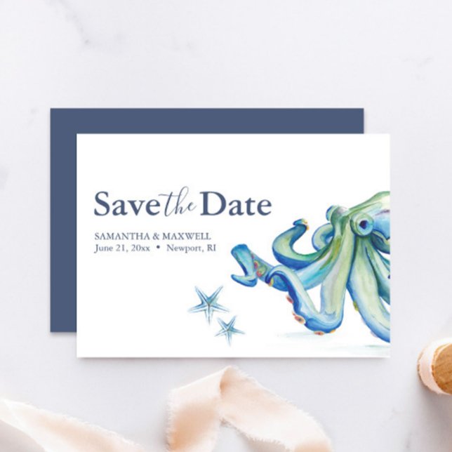 Boda De Playa Guardar La Tarjeta De Fecha Océano (beach wedding save the date cards watercolor blue octopus by Victoria Grigaliunas of Do Tell A Belle)