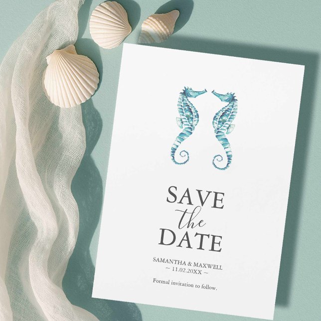 Boda De Playa Salvar Los Imanes De Fecha (Beach wedding looks watercolor seahorse art by Victoria Grigaliunas of Do Tell A Belle)
