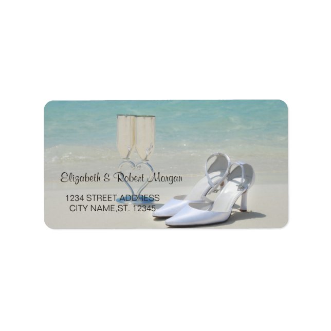 Boda de playa, vidrio, etiqueta de Boda de tacones (Frente)