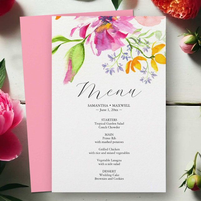 Boda de presupuesto Menus Watercolor Pink Florals (Wedding menu watercolor pink and orange flowers by Victoria Grigaliunas of Do Tell A Belle)