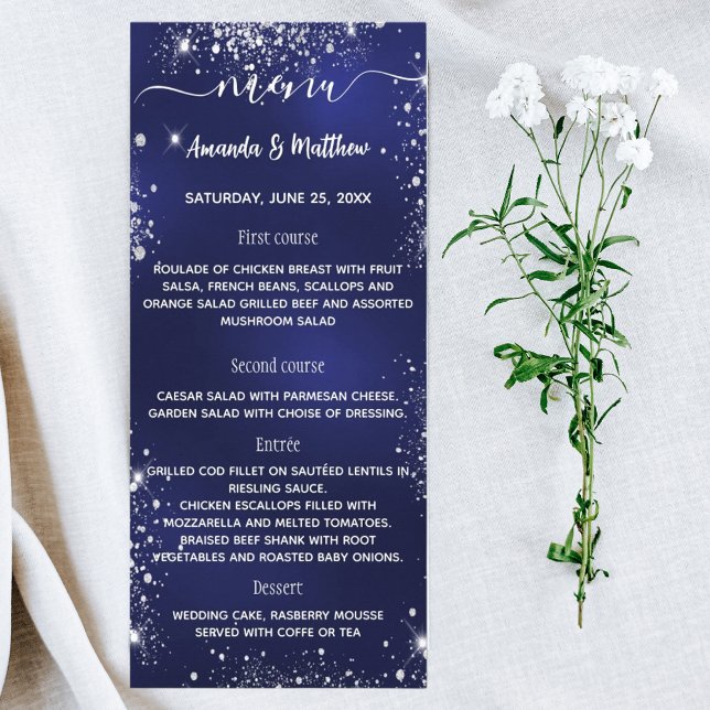 Boda de purpurina blanco azul marino del menú (Subido por el creador)