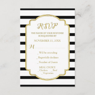 Boda de rayas blancas y negras de oro RSVP