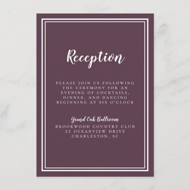 Boda de recepción Clásico Blanco Púrpura Simple (Anverso)