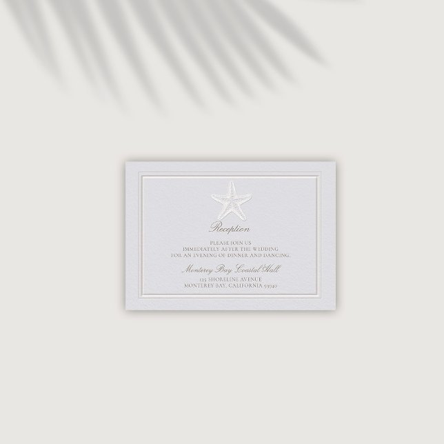 Boda de recepción clásico de la costa con temática (coastal wedding reception details card modern classic formal traditional frame faux emboss starfish)