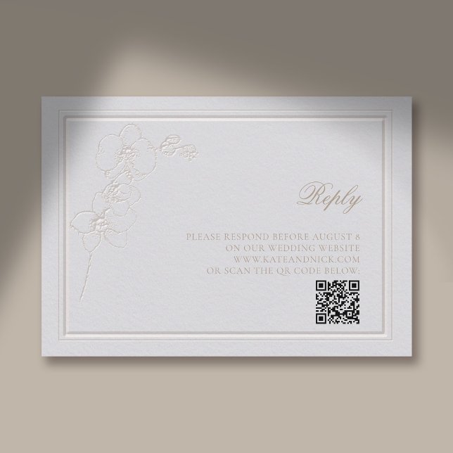 Boda de respuesta de marfil de marco orquídeo Grab (traditional wedding response card qr rsvp reply orchid faux embossed elegant classic)