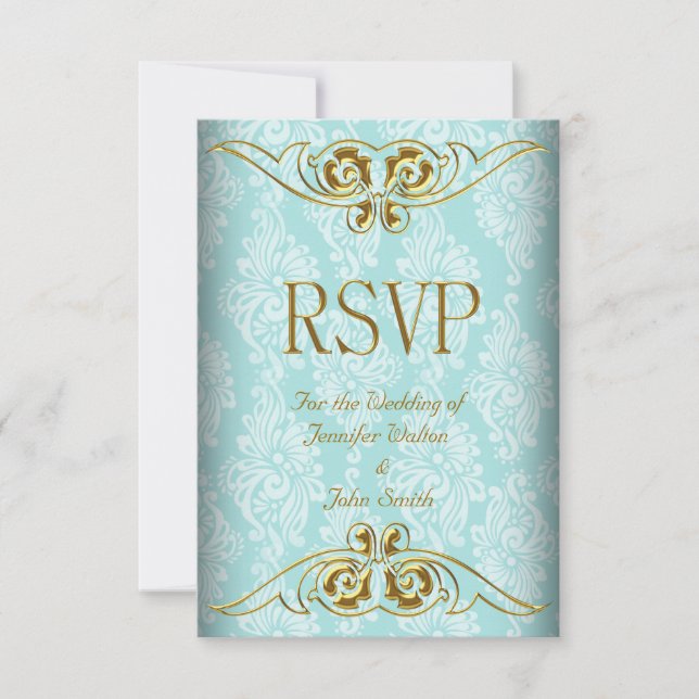 Boda de respuesta RSVP Damasco de oro azul Verde a (Anverso)
