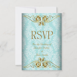 Boda de respuesta RSVP Damasco de oro azul Verde a