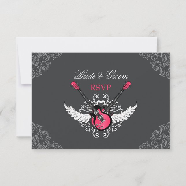 Boda de rock y rollo Fuchsia Gray RSVP tarjeta (Anverso)