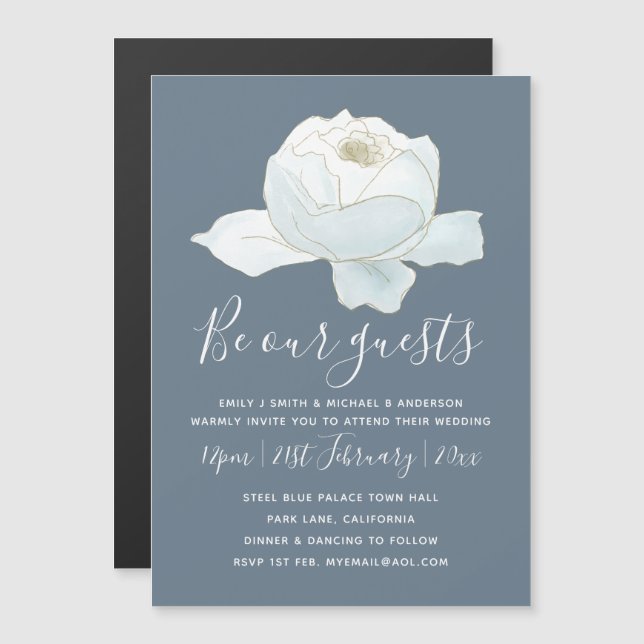 Boda de rosa blanca y acero de invitación moderna (Anverso/Reverso)