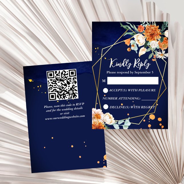 Boda de rosas blancas naranja azul marina RSVP (Navy blue orange white roses geometrical gold frame wedding RSVP card wedding invitation suite)