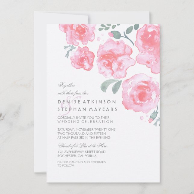Boda de rosas rosadas - Invitaciones a acuarela (Anverso)