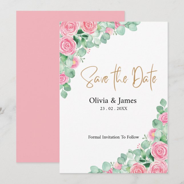 Boda de rosas y Eucalyptus Guardar la tarjeta de f (Anverso / Reverso)