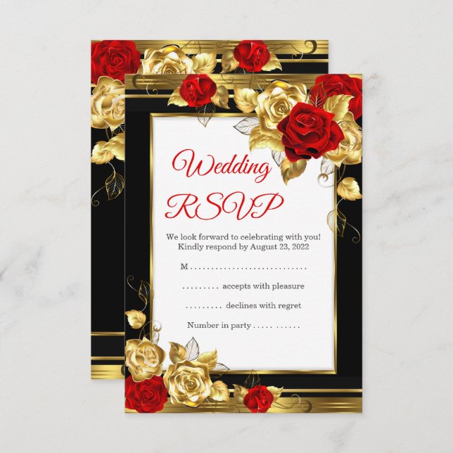 Boda de RSVP Red Gold Rosas Black Gold (Anverso / Reverso)